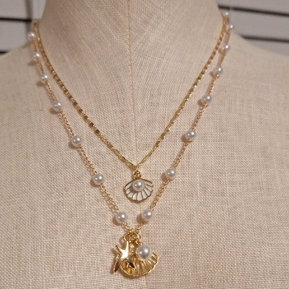 Seaslife Inspired Gold And Pearl Becklace Stack